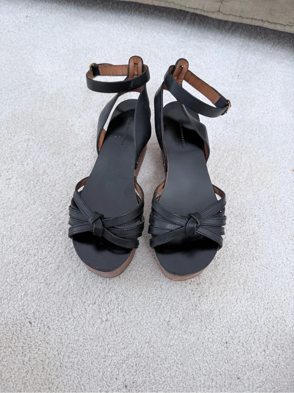 Black Leather Knotted Strap Wedge Sandals